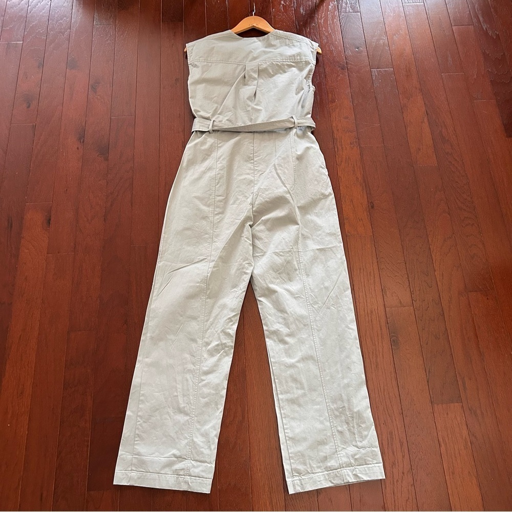 $99 Mango 100% COTTON JUMPSUIT vneck sleeveless w/ belt light heather grey Small - Picture 13 of 13